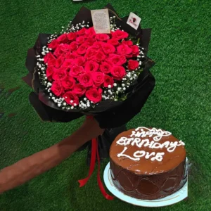 50 red roses bouquet with black wrap and large chocolate birthday cake for delivery