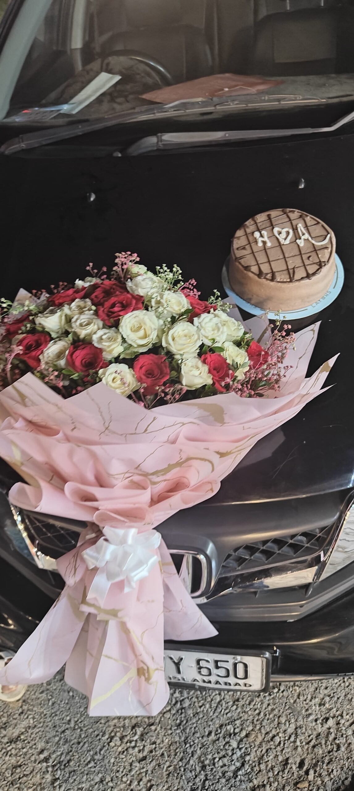 Red and White Roses Bouquet with Cake